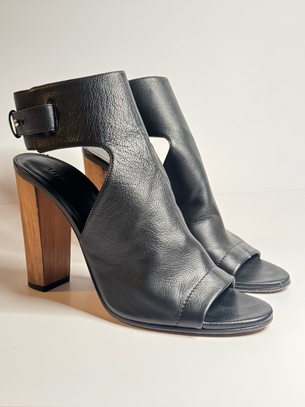 Vince Addie Black Leather Open Toe Block Heel Booties Size 10